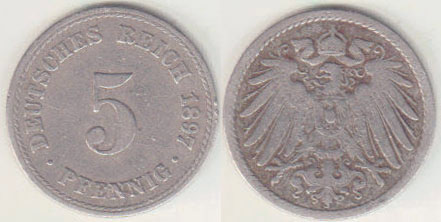 1897 A Germany 5 Pfennig A008909